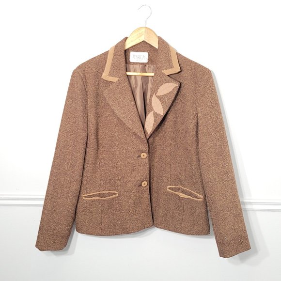 Jessica Jackets & Blazers - Vintage Jessica Petites Womens Tweed Knit Blazer Jacket Brown Tan Pockets Sz 14P